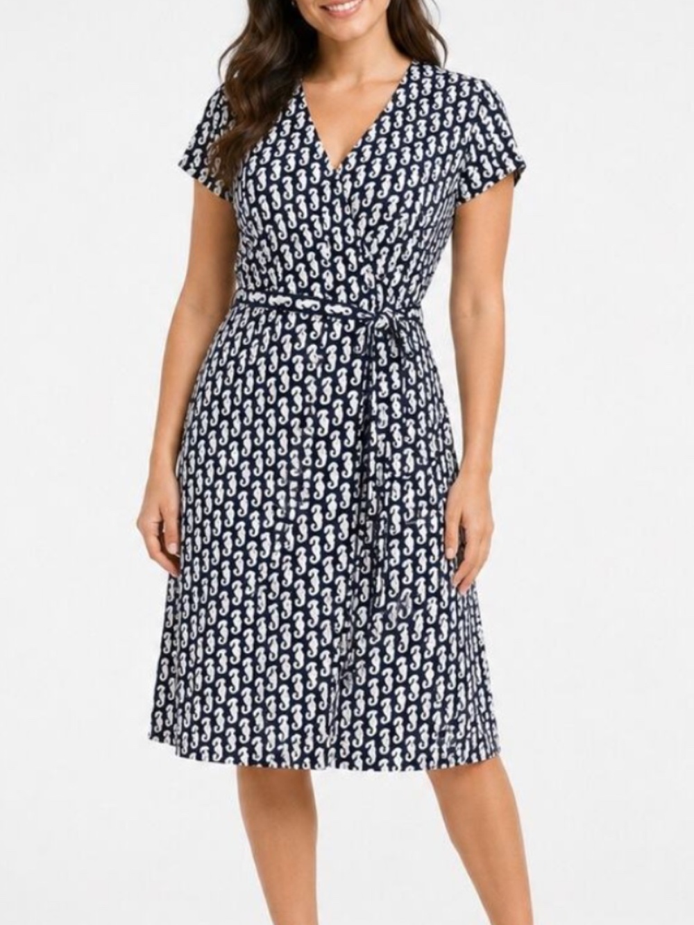 Brooks Brothers Seahorse Faux Wrap Stretch Jersey Dress M Nautical Casual Vacay